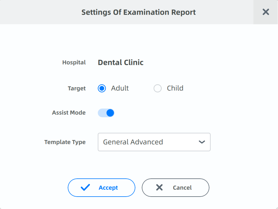 The settings window prior to accesssing the ConsulReport (Oral health report)
